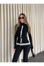 Siyah Dik Yaka Dantel Detaylı Hırka - 2726