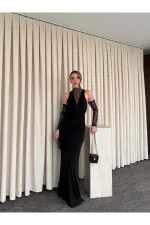 Black V-Neck Dress with Lace Gloves - 20117