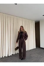 Kahverengi Crop Ceket Pantolon Takım - 9689