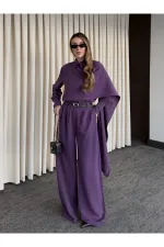 Purple Belted Shawl Collar Shirt and Trousers Set - 8004