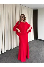 Kırmızı Omuz Drapeli Saten Bluz Etek Takım - 8005