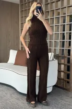 Kahverengi Kolsuz Bluz Pantolon Takım - 3009