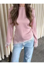 Pembe Saten Asimetrik Dantelli Bluz - 0320