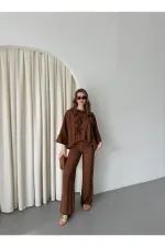 Ensemble chemisier et pantalon marron avec détails de surpiqûres au col - 9002