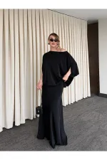 Siyah Omuz Drapeli Saten Bluz Etek Takım - 8005