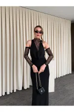 Black V-Neck Dress with Lace Gloves - 20117