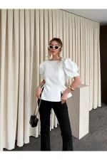 Off-White Blouse with Pearl Bow Detail on Sleeves - 5001