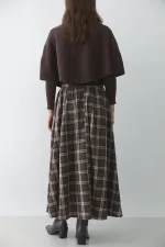 Brown Plaid Skirt with Leather Trim - 4977