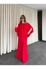 Kırmızı Omuz Drapeli Saten Bluz Etek Takım - 8005