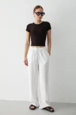 Pantalon blanc en coton et lin avec taille élastiquée