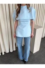 Mavi Pelerinli Straplez Bluz - 1101