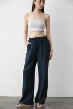 Navy Blue Wide Leg Trousers with Elastic Waistband