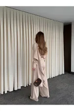 Bej Kemerli Şal Yaka Gömlek Pantolon Takım - 8004