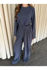 Ensemble chemisier et pantalon indigo avec ceinture et détails en dentelle - 8006