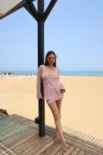 Ensemble cardigan et jupe à boutons en perles roses - 7221