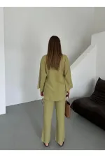 Ensemble kimono en lin kaki à nouer sur le côté, orné de détails