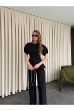 Ensemble chemisier asymétrique noir à manches ballon et pantalon - 25194