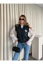 Anthracite Sweater with Heart Embroidery, Lace Sleeves and Collar - 1247