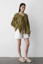 Khaki 100% Cotton Muslin Shirt with Elasticated Sleeves