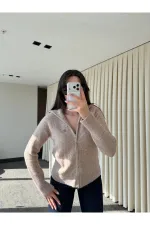 Bej Balıkçı Yaka Çift Fermuarlı Hırka - 251108