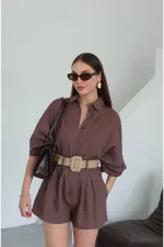 Kahverengi Hasır Kemerli Gömlek Şort Takım