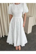 Beyaz %100 Pamuk Sırtı Açık Fisto Elbise - 8235
