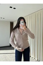 Bej Balıkçı Yaka Çift Fermuarlı Hırka - 251108