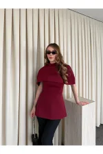 Bordo Pelerinli Straplez Bluz - 1101