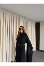 Siyah Kemerli Şal Yaka Gömlek Pantolon Takım - 8004