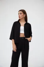 Ensemble deux pièces chemise et pantalon en lin noir