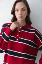 Kırmızı Lacivert Polo Yaka Şeritli Kazak - 251129