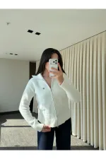 Ekru Balıkçı Yaka Çift Fermuarlı Hırka - 251108
