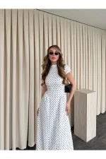 Beyaz Puantiyeli Uzun Elbise - 5092