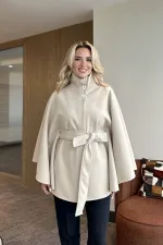 Cream Buttoned Belted Cashmere Poncho - 2055 Cream Buttoned Belted Cashmere Poncho - 2055
