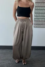 Pantalon harem en satin couleur vison avec taille élastique - 51199