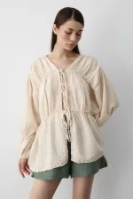Natural 100% Cotton Muslin Shirt with Elasticated Sleeves