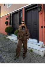 Kahverengi Bomber Saten Ceket Pantolon Takım - 9663 - 51229