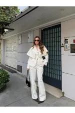 Ekru Pelerin Detaylı Ceket Pantolon Takım - 202604