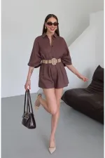 Kahverengi Hasır Kemerli Gömlek Şort Takım