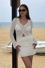 Ensemble cardigan et jupe écru à boutons nacrés - 7221