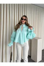 Mint Yakası Bağlamalı Kolları Tasarım Gömlek - 112254