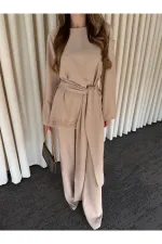 Bej Kuşaklı Dantel Detaylı Bluz Pantolon Takım - 8006