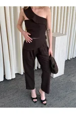 Acı Kahve Tek Omuz Tasarım Yaka Bluz Pantolon Takım - 8003