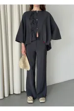 Ensemble chemisier et pantalon anthracite avec détails de surpiqûres au col - 9002