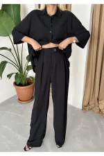 Ensemble deux pièces chemise et pantalon en lin noir