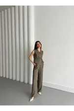 Haki Kruvaze Yaka Yelek Pantolon Takım