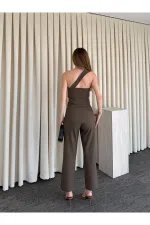 Sütlü Kahve Tek Omuz Tasarım Yaka Bluz Pantolon Takım - 8003