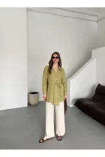 Chemise kaki 100 % coton à boutons croisés avec ceinture