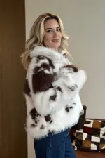 Off-Brown Patterned Zippered Fur Coat - 85154