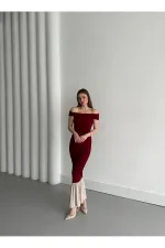 Bordo Kayık Yaka Fırfırlı Elbise - 4798